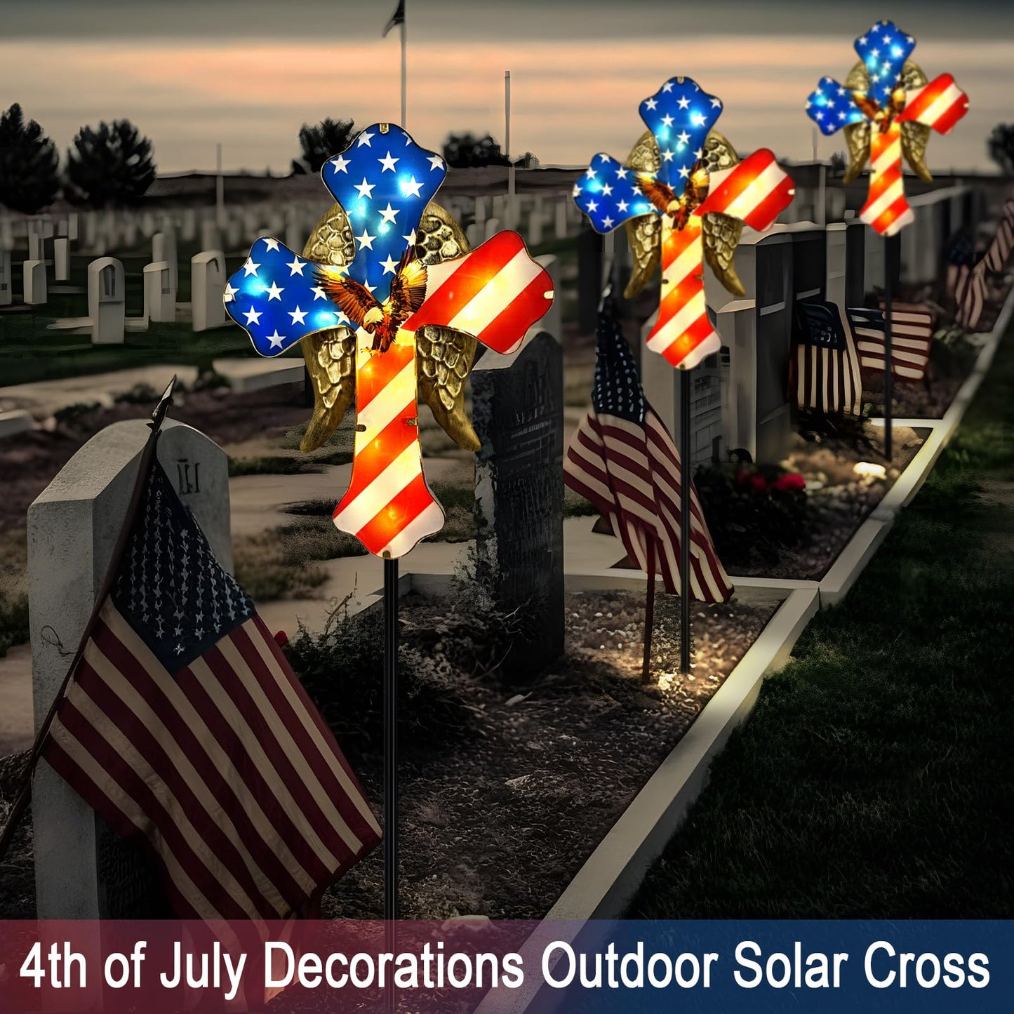 Hokfirm 4th of July Decorations Outdoor,Solar Cross for Cemetery Grave,Cemetery Decorations Yard Patio Decor,Patriotic Eagle Cross Solar Lights Outdoor Pathway,Lawn,National Day Remembrance Gifts