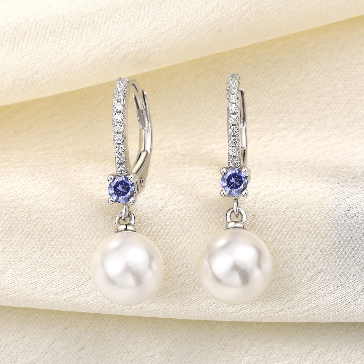 JO WISDOM Pearl Earrings,925 Sterling Silver 8mm Pearl Leverback Drop Earrings with 3A CZ December Birthstone Tanzanite Color,Jewelry for Women