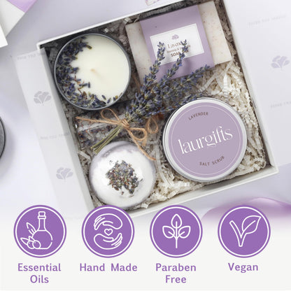 Mothers Day Gifts for Mom – Lavender Spa Gift Box, Small Candle Set with Bath Gifts, Relaxing Self Care Basket, Birthday Gift for Women