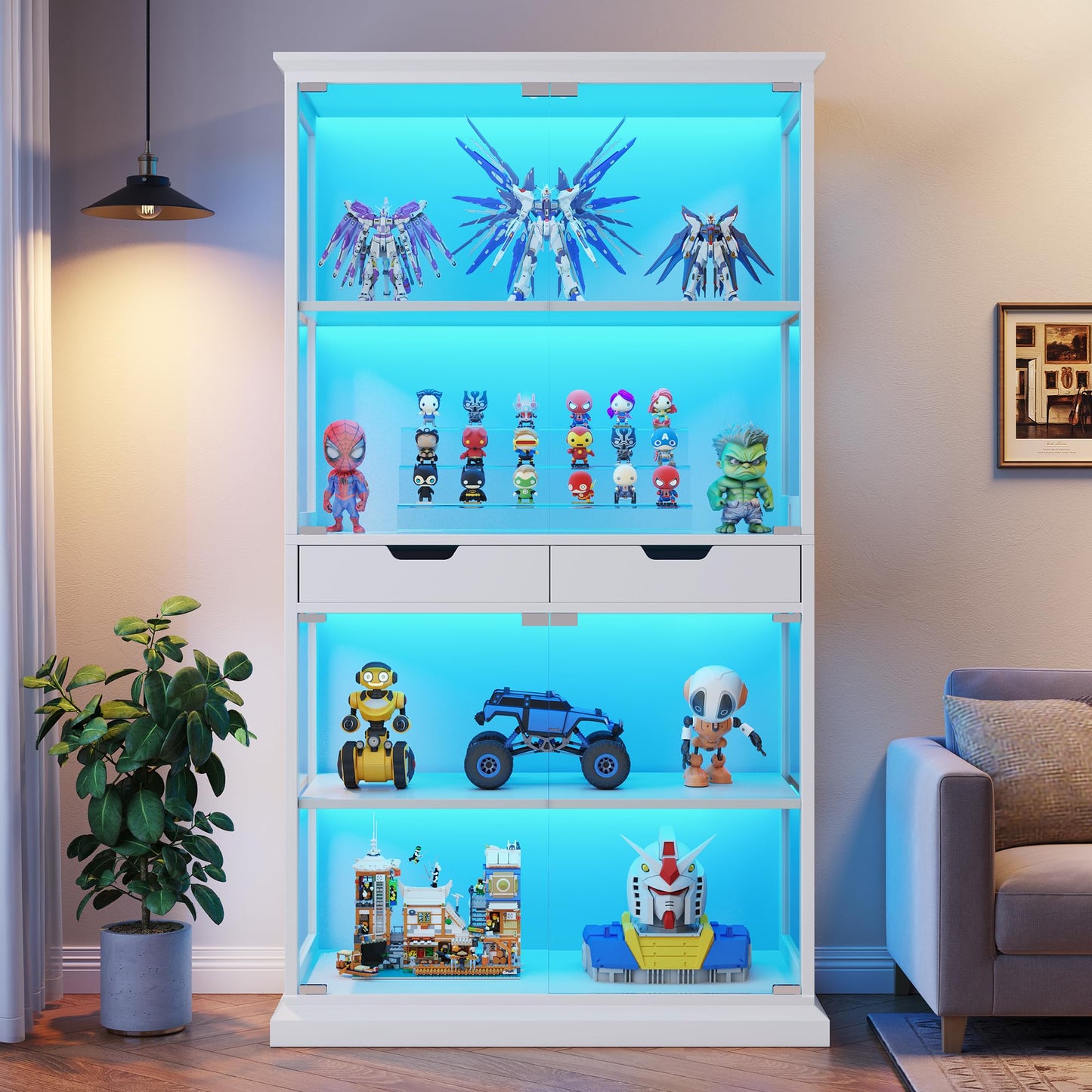 Jocoevol Display Cabinet with Glass Doors, 4-Tier Curio Cabinet with with 2 Drawers for Collectibles, Modern Glass Display Case Human Body Sensor & RGB Lights for Living/Game Room (White)