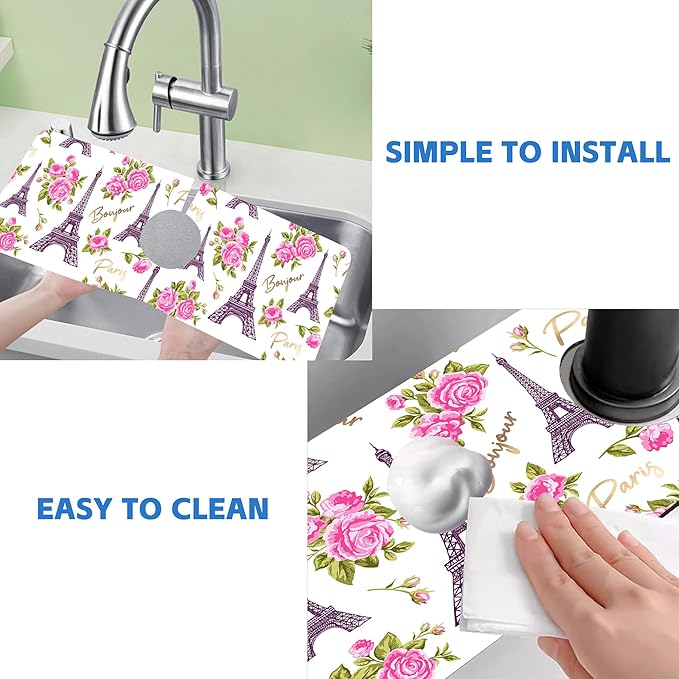 Romantic Eiffel Tower Roses Kitchen Sink Splash Guard Mat Absorbent Fast Drying