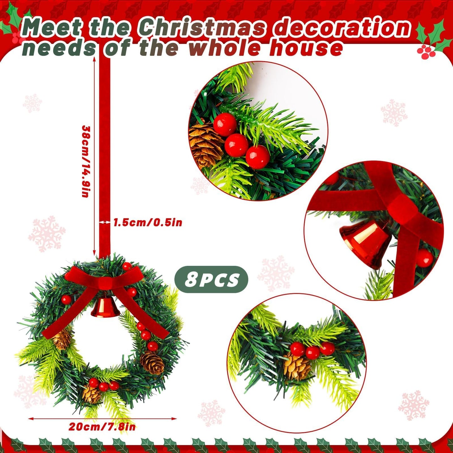 Wurosi 8 Pcs Mini Christmas Wreath, 7.87 Inch Christmas Kitchen Cabinet Wreaths with Velvet Ribbon and Berry, Small Christmas Wreaths for Cabinets Window Front Door Porch Wall Decor