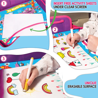 ECOFANTASY Kids Travel Tray - Waterproof Lap Table with No-Drop Large Tablet Holder - Car Seat Tray - Road Trip Essentials Kids - Car Desk Organizer for Airplane - Toddler Travel Essentials (Pink)
