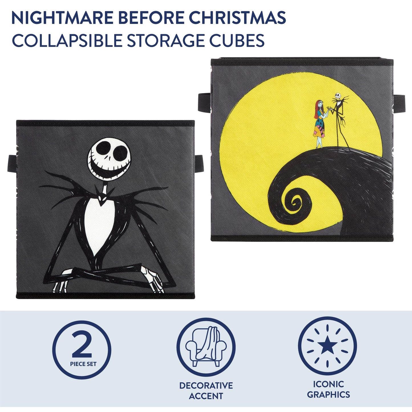 Nightmare Before Christmas Jack and Sally Set of 2 Durable Storage Cubes with Handles, 10"x10"x10" Cubes
