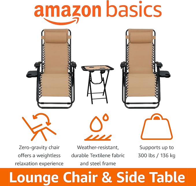 Amazon Basics Outdoor Textilene Adjustable Zero Gravity Folding Reclining Lounge Chair Set with Cup Holder, Side Table, Headrest, Weather-Resistant, 35 x 26 x 43 inches, Beige, 2-Pack