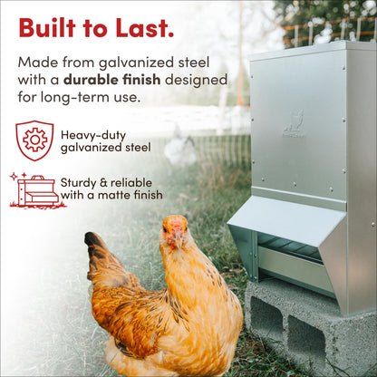 RentACoop Metal Trough Feeder with Lid & Rain Cover – Galvanized Steel, Gravity-Fed – Side View Window – Moveable Grate for Easy Cleaning – Suitable for Chickens, Ducks, Poultry & More – 50lb Capacity
