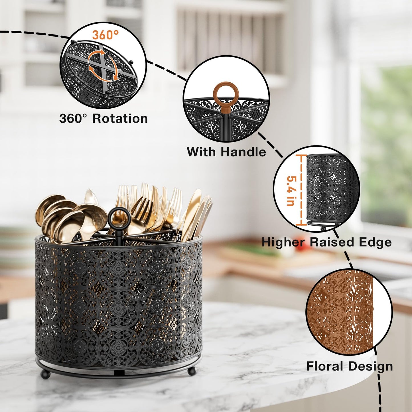 YIUKEA 360° Rotating Utensil Caddy Countertop - Cutlery Silverware Caddy Holder with 4 Compartment - Higher Raised Flatware Organizer with Handle for Party Kitchen Counter Office Black