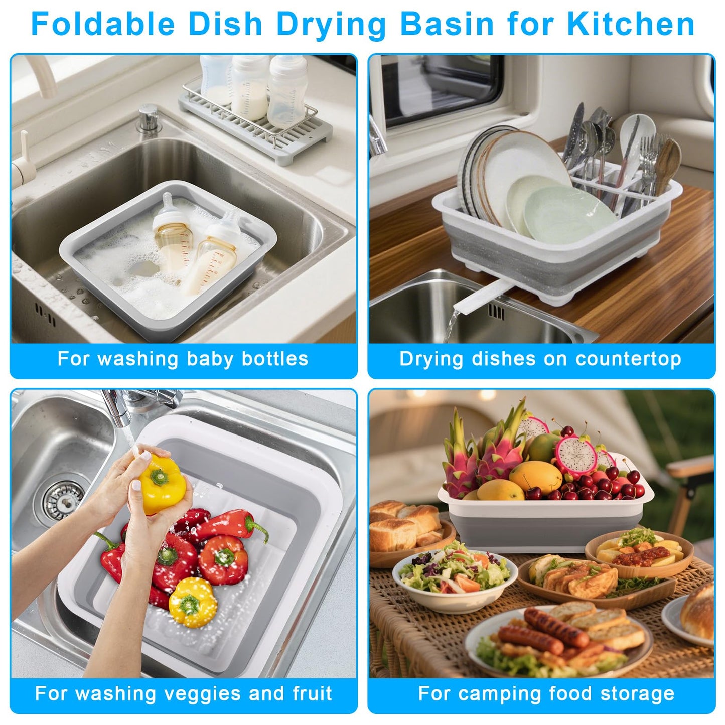 Collapsible Dish Drying Rack Portable Dish Drainers for Kitchen Counter with Drainboard, Kitchen Sink Organizer Basket RV Accessories Camper Storage and Organization Dish Rack Over Sink Drying Rack