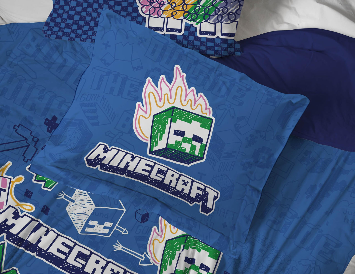 Jay Franco Kids Comforter Set Includes Sheets and Pillow Covers - Soft and Cozy Bed Set for Stylish Room Decor, Blue - Minecraft 02, 7 Piece Full Bedding