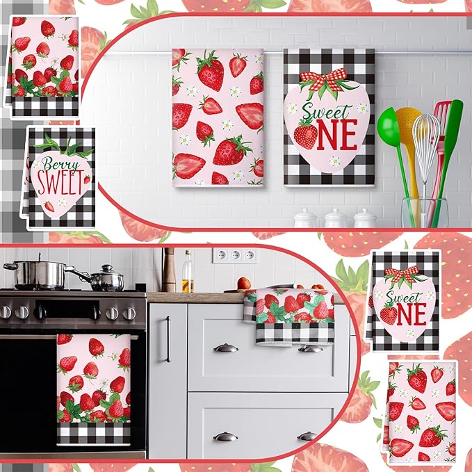Bencailor 4 Pcs Strawberry Kitchen Towels Spring Berry Hand Dish Towels
