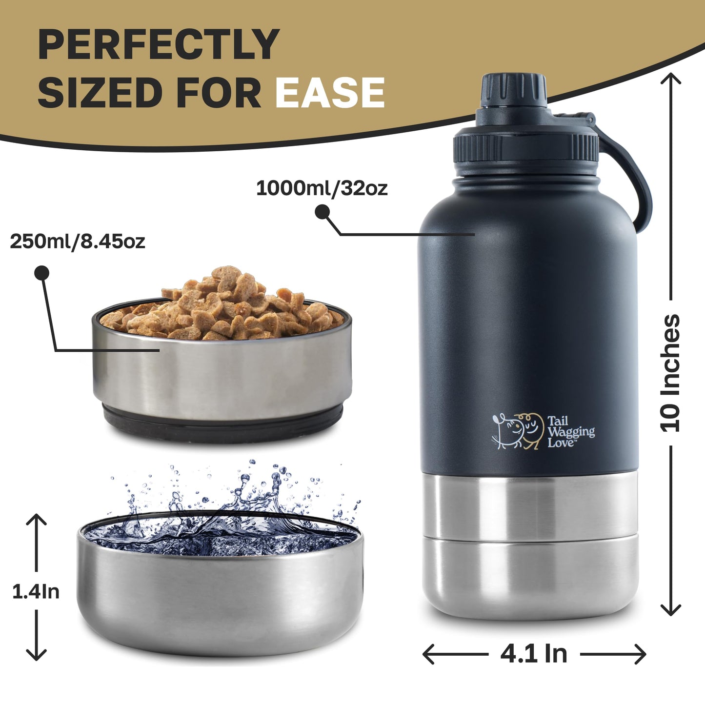 Tail Wagging Love 32oz 3-in-1 Portable Travel Water Bottle, Food & Hydration Bottle - Dual Use for Humans & Pets with Detachable Bowls, Stainless Steel, Keeps Water Hot for 6hrs & Cold for 12hrs