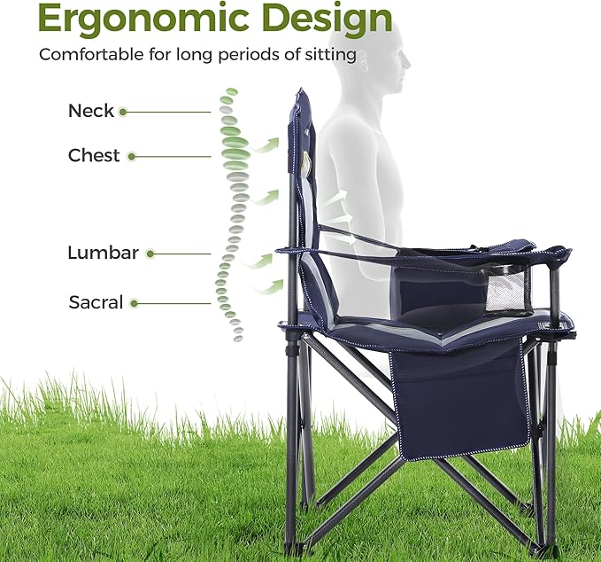 ALPHA CAMP Heavy Duty Camping Chair 500LBS Capacity, Oversized Folding Chair for Heavy People, Padded Portable Outdoor Chair with Cooler Bag & Cup Holder for Camping, Fishing, Beach