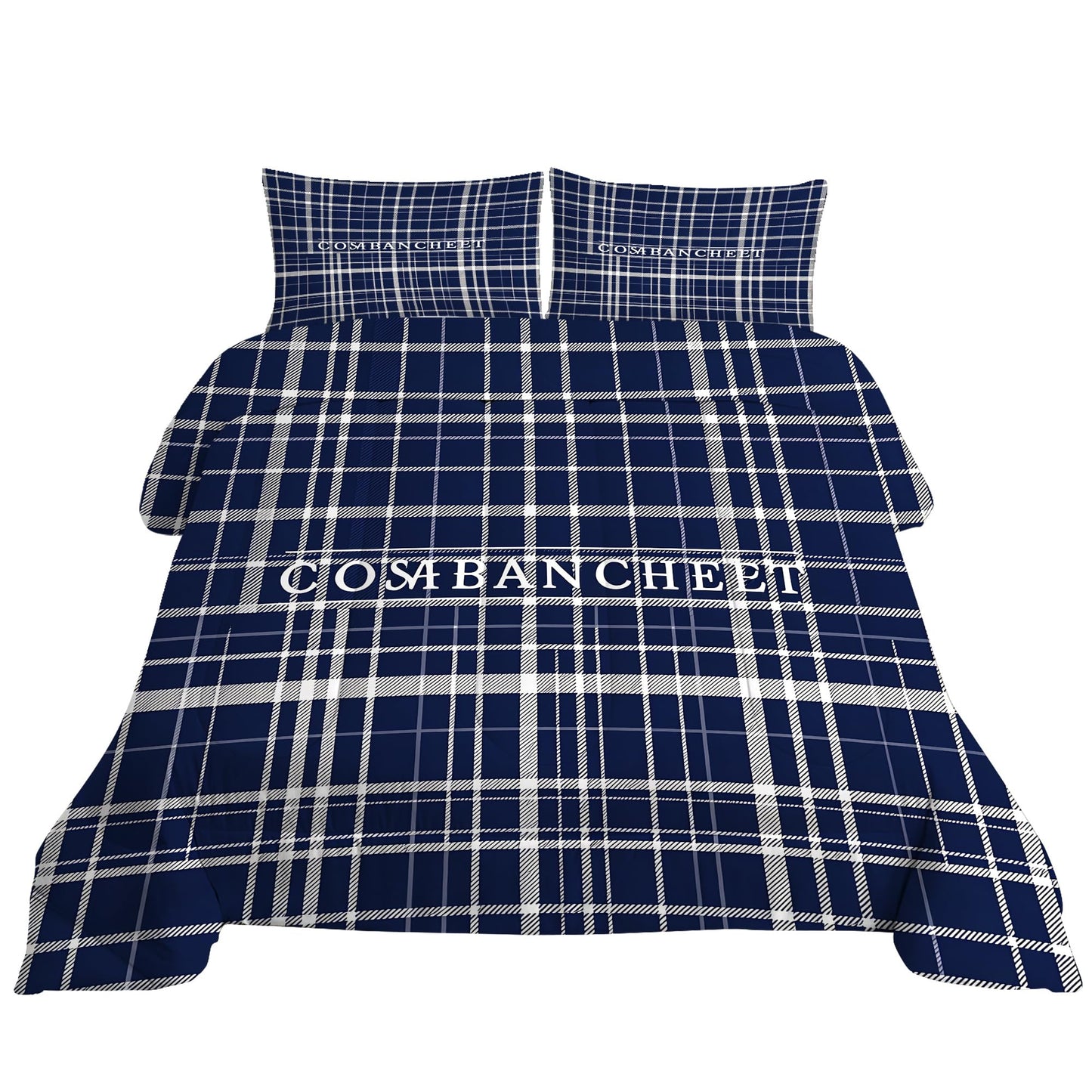 VTKON Navy Blue Plaid Comforter Set for Boys Full Size, Classic Preppy Check Bedding Set for Boys Teens, Timeless Navy and White Bed Sets for Dorm with 2 Pillowcases