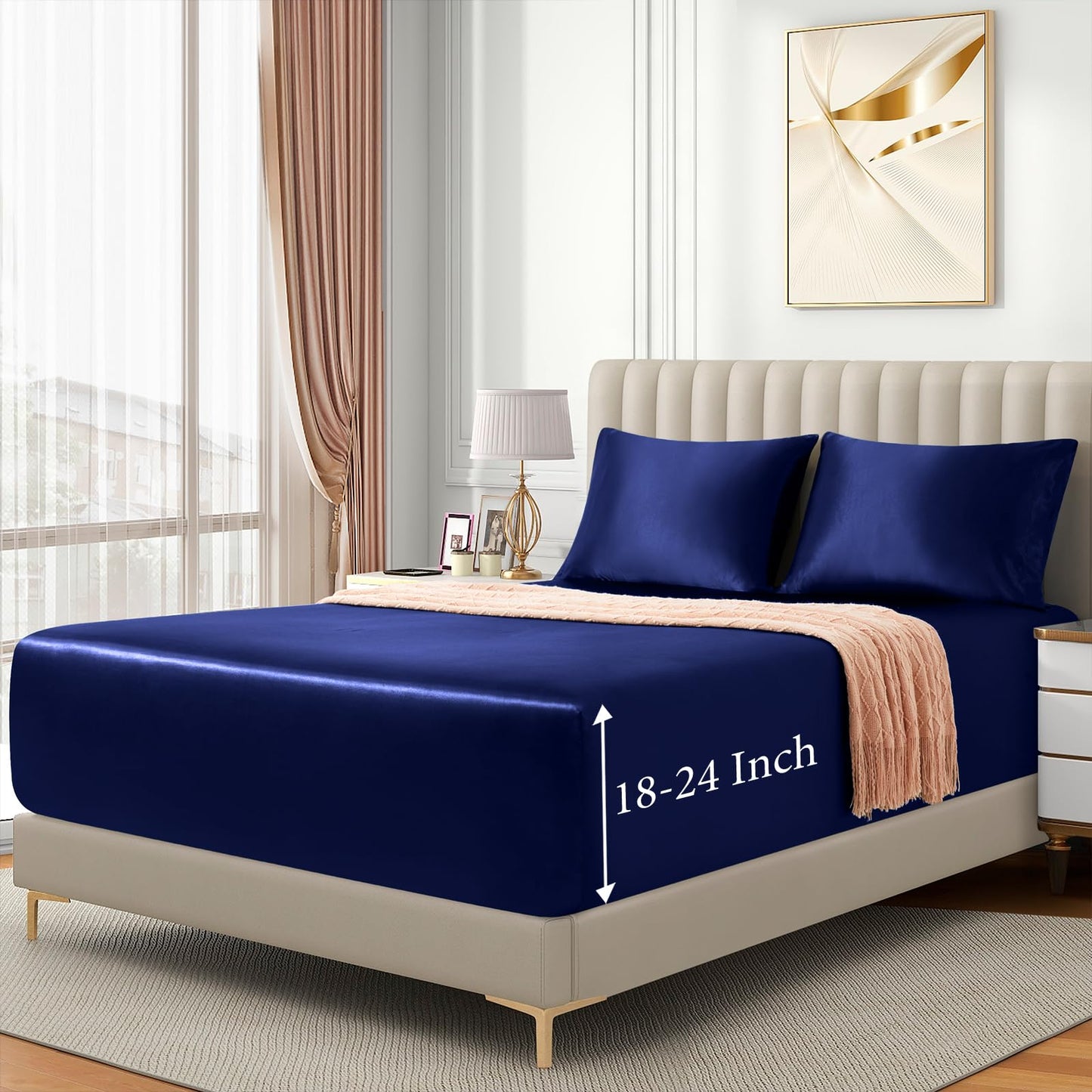 VACVELT 3pcs Extra Deep Pocket Satin Fitted Sheet Set King Bed Set, Navy Blue Bottom Sheet Fit 18-24 Inch Deep Pocket Mattress, Silky Bedding Set Soft & Ultra Deep Fitted Sheet + 2 Pillowcase