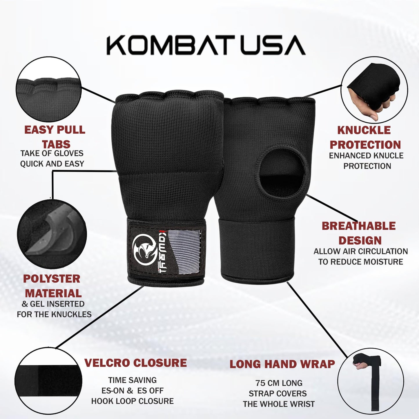 Kombat Gel Boxing Hand Wraps Inner Gloves for Men and Women, 75cm Quick Wrist Wraps Guard, Muay Thai MMA Kickboxing Martial Arts Punching Training Bandages, Hand Wraps for Boxing (Black, Medium)