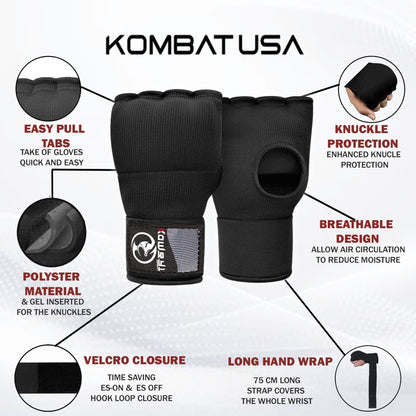 Kombat Gel Boxing Hand Wraps Inner Gloves for Men and Women, 75cm Quick Wrist Wraps Guard, Muay Thai MMA Kickboxing Martial Arts Punching Training Bandages, Hand Wraps for Boxing (Black, Medium)
