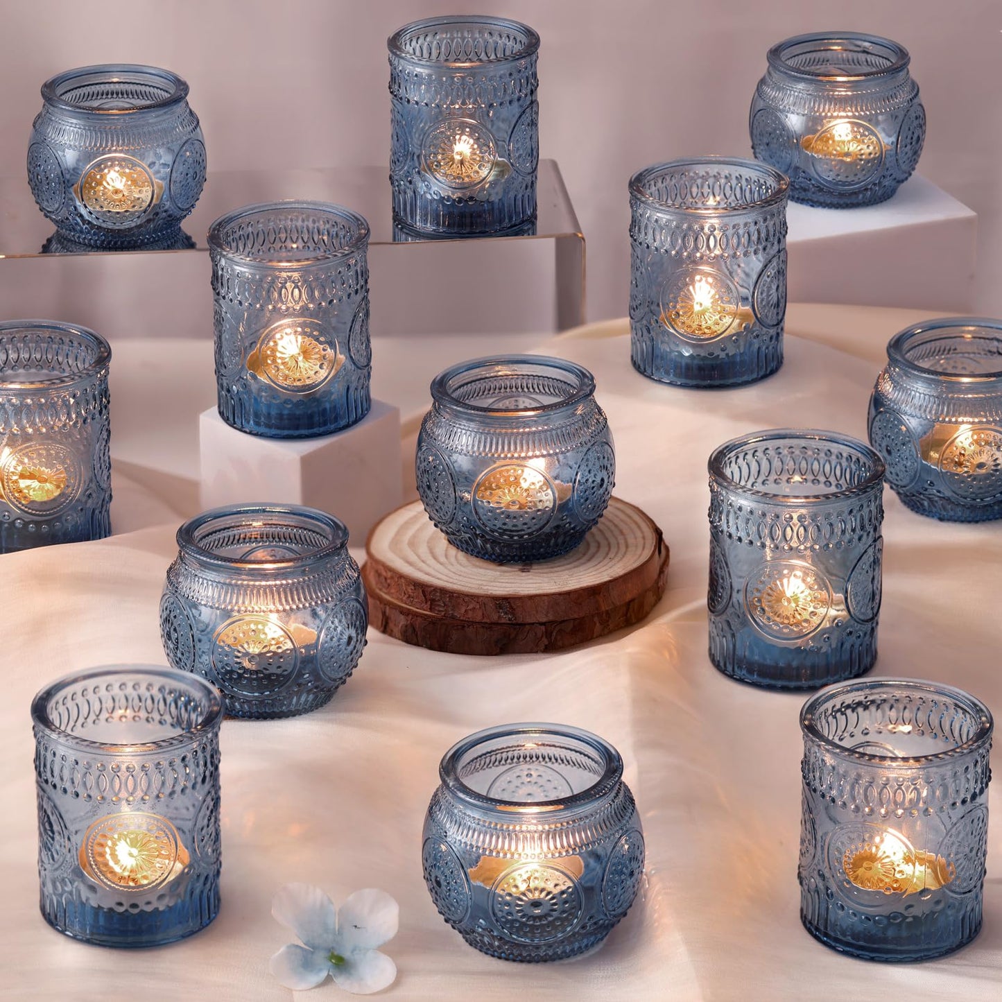 DARJEN 24Pcs Blue Votive Candle Holders - Glass Candle Holder for Party Decoration, Tea Lights Candle Holder for Wedding Shower & Gift