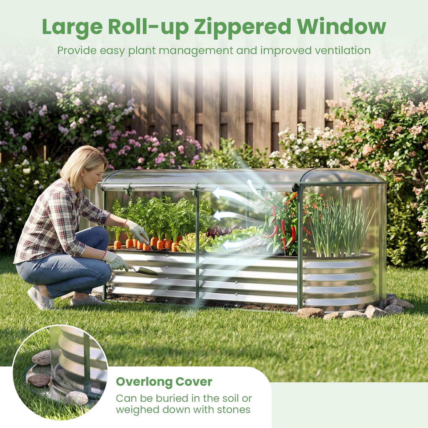 Giantex Raised Garden Bed w/Greenhouse Cover, Outdoor Oval Metal Steel Planter Box w/Roll-up Window, Clear PVC Mini Greenhouse for Vegetables Flowers Herbs Outdoor Patio Gardening, 6x2x1 FT (Silver)