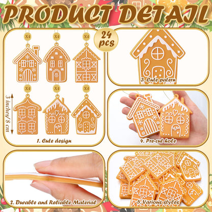 Shellwei 24 Pcs Gingerbread House Ornaments Christmas Tree Ornaments Bulk Gingerbread Christmas Tree Decorations Rustic Hanging Decor for Xmas Indoor Home