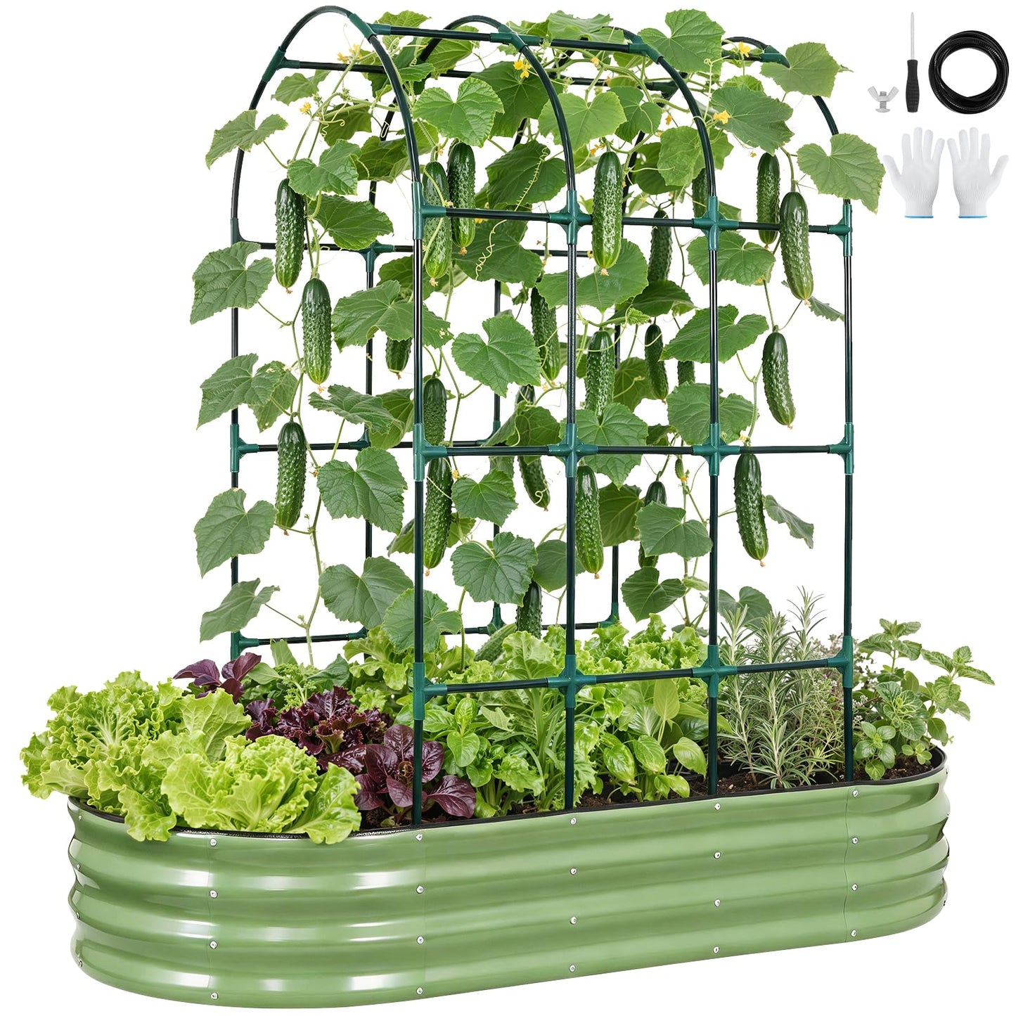 VIREO GARDEN Galvanized Raised Garden Bed with Arched Trellis | 6x3x1FT Metal Raised Garden Beds Outdoor for Gardening Climbing Plant | Planter Box Outdoor with Gloves for Vegetable Flower, OliveGreen