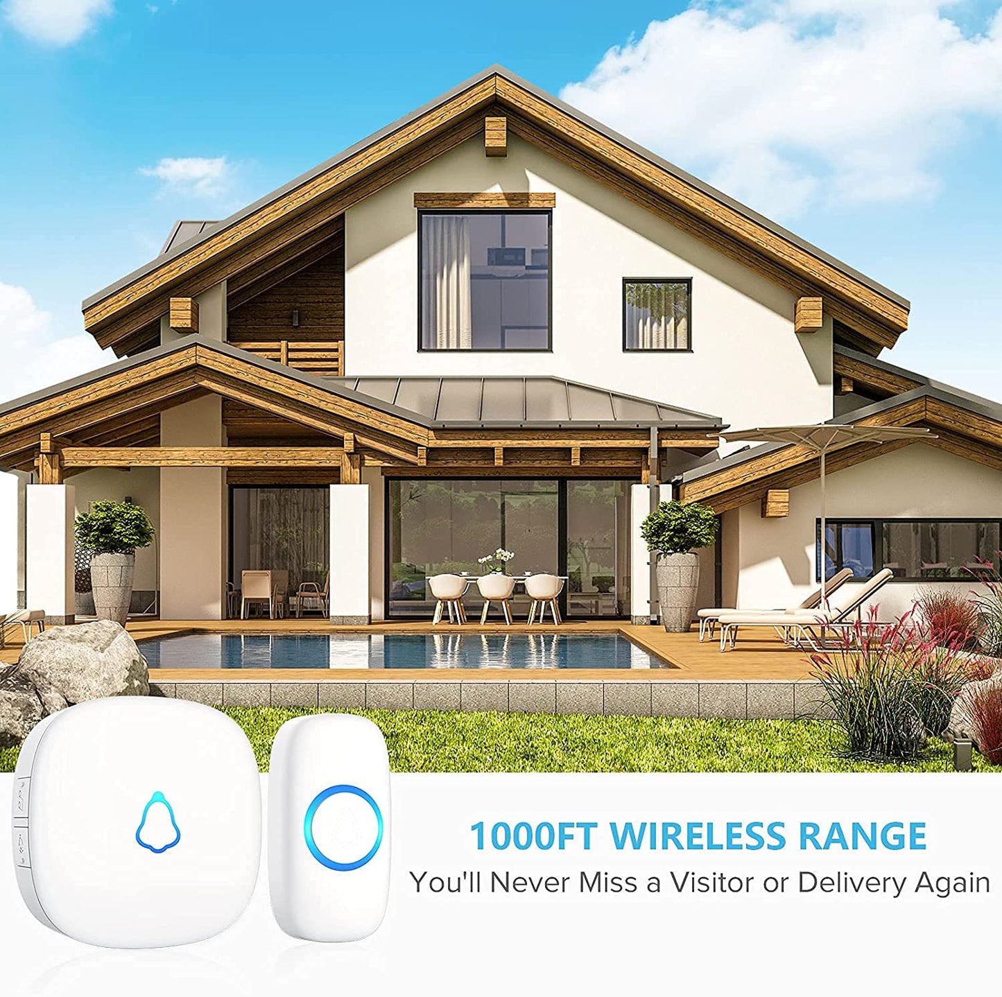 SECRUI Wireless Doorbell, Easy installation, Waterproof, Adjustable Volume, 58 Chimes, Colorful LED, 1000Ft Range, M520+F55, Black