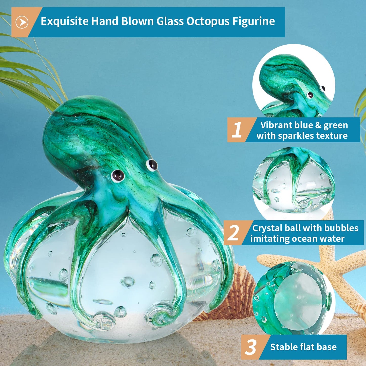 Sanbege Hand Blown Glass Octopus Figurine, Cute Sea Animal Paperweight, Collectible Nautical Statue Decor for Home, Office, Party and Gift (Blue and Green)