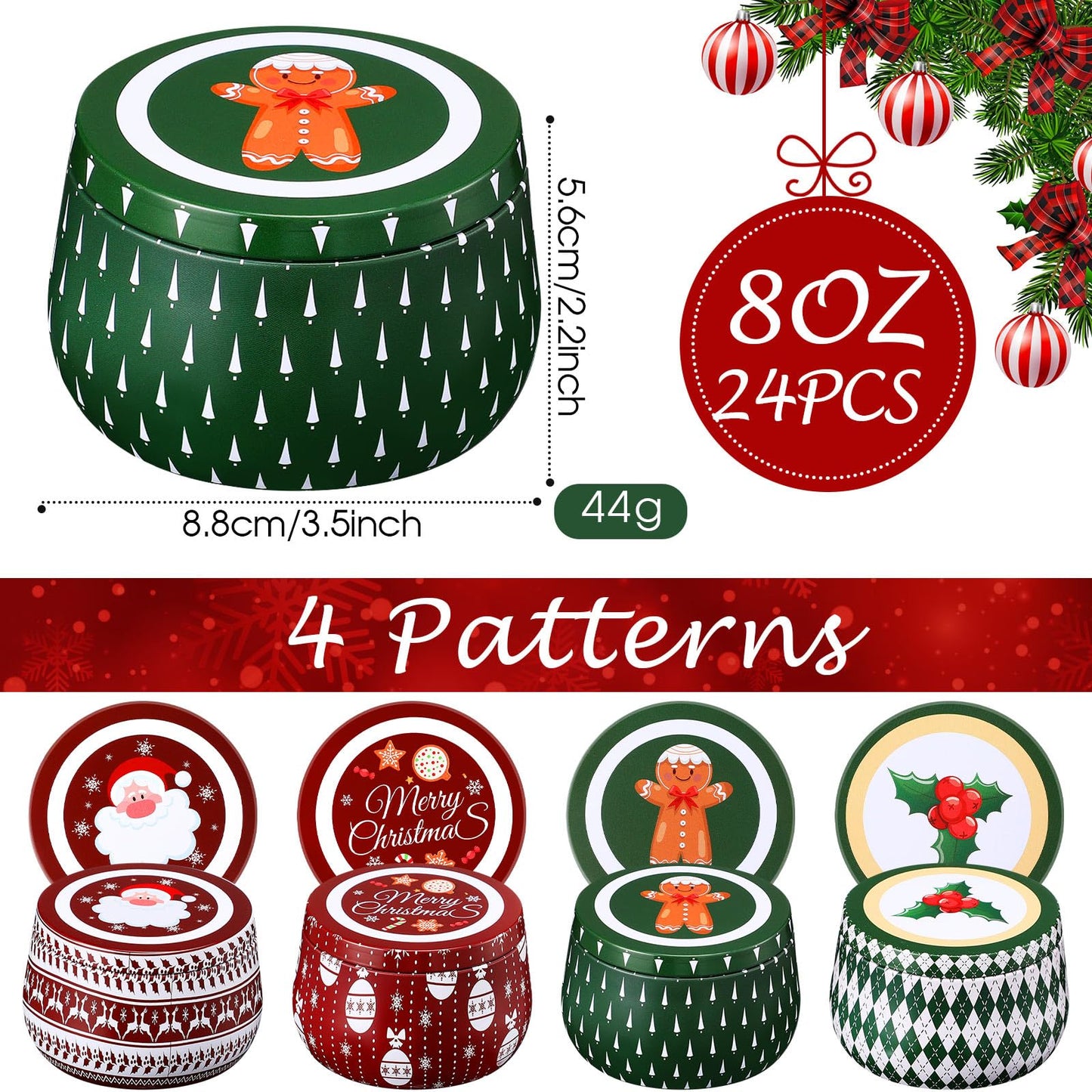 Yungyan Christmas Candle Tin Cans Set Metal Candles Tin Gifts Jars with Lids 8 oz Christmas Cookie Tins Candle Containers for Storing Biscuits Tea Party Favors(24 Pcs)