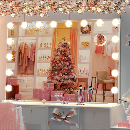 BEAUTME Large Vanity Mirror with Lights, 35.9''×24.3'' Makeup Mirror, Light up Mirror with 16 Dimmable LED Lights and 10X Magnification, 3 Colors Lights Modes, Touch Control, White