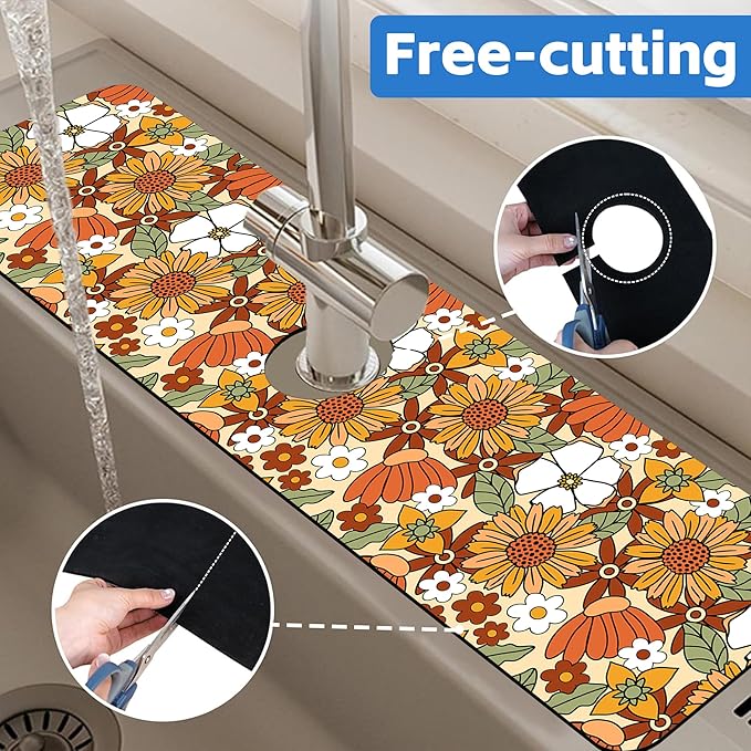 70s Retro Orange Floral Kitchen Sink Splash Guard Mat Absorbent Fast Drying Mat
