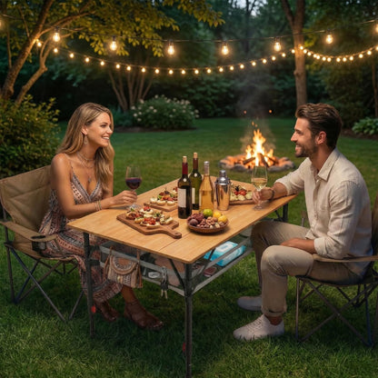 Join Nature 31.5'' Bamboo Folding Camping Table, Adjustable Height Folding Outdoor Table with Aluminum Frame & Mesh Storage, Portable Camp Table with Carry Bag for Camping, RV, Tailgating & Backyard