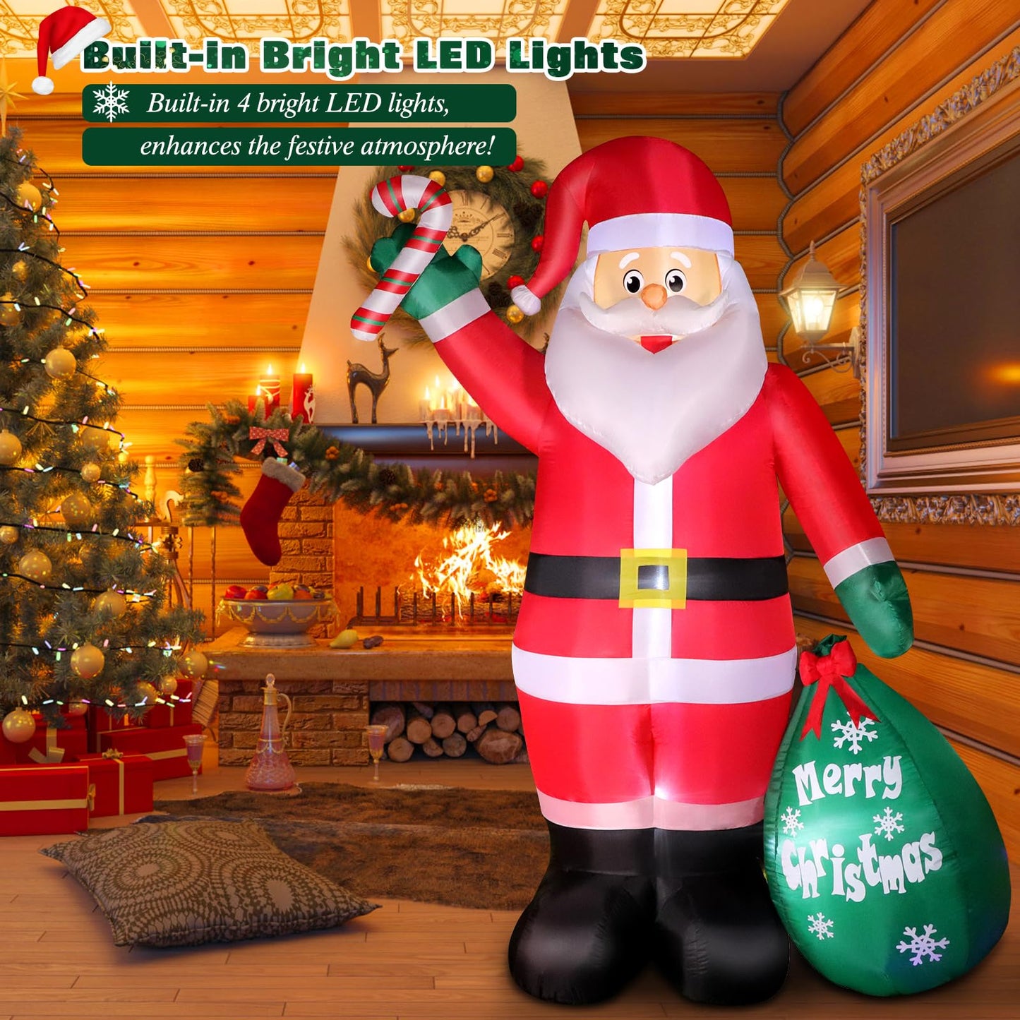 8 FT Christmas Inflatable Santa Claus with Candy and Big Gift Bag Outdoor Decor, Blow Up IP44 Weatherproof Xmas Decorations for Yard, Built-in LED Light for Gardern Lawn Indoor Winter Holiday