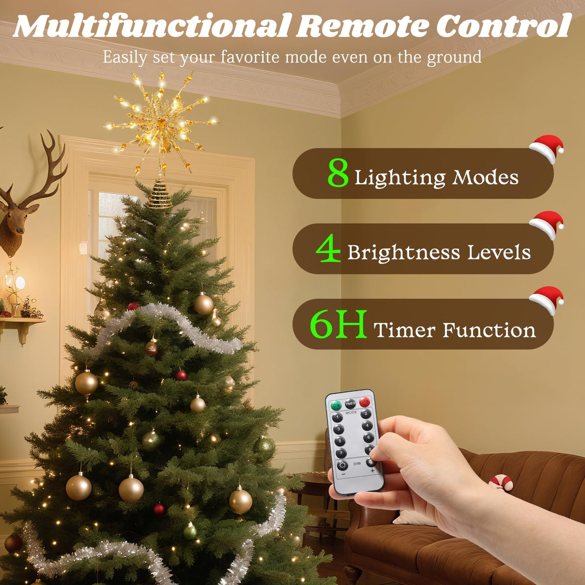 Lewondr Christmas Tree Topper, 12.2'' Metal Xmas Star Tree Topper with 20 LED Bulbs, USB Powered Glittered 12-Pointed Treetop for Christmas Ornaments, Remote Control, 6H Timer, 8 Light Modes, Gold