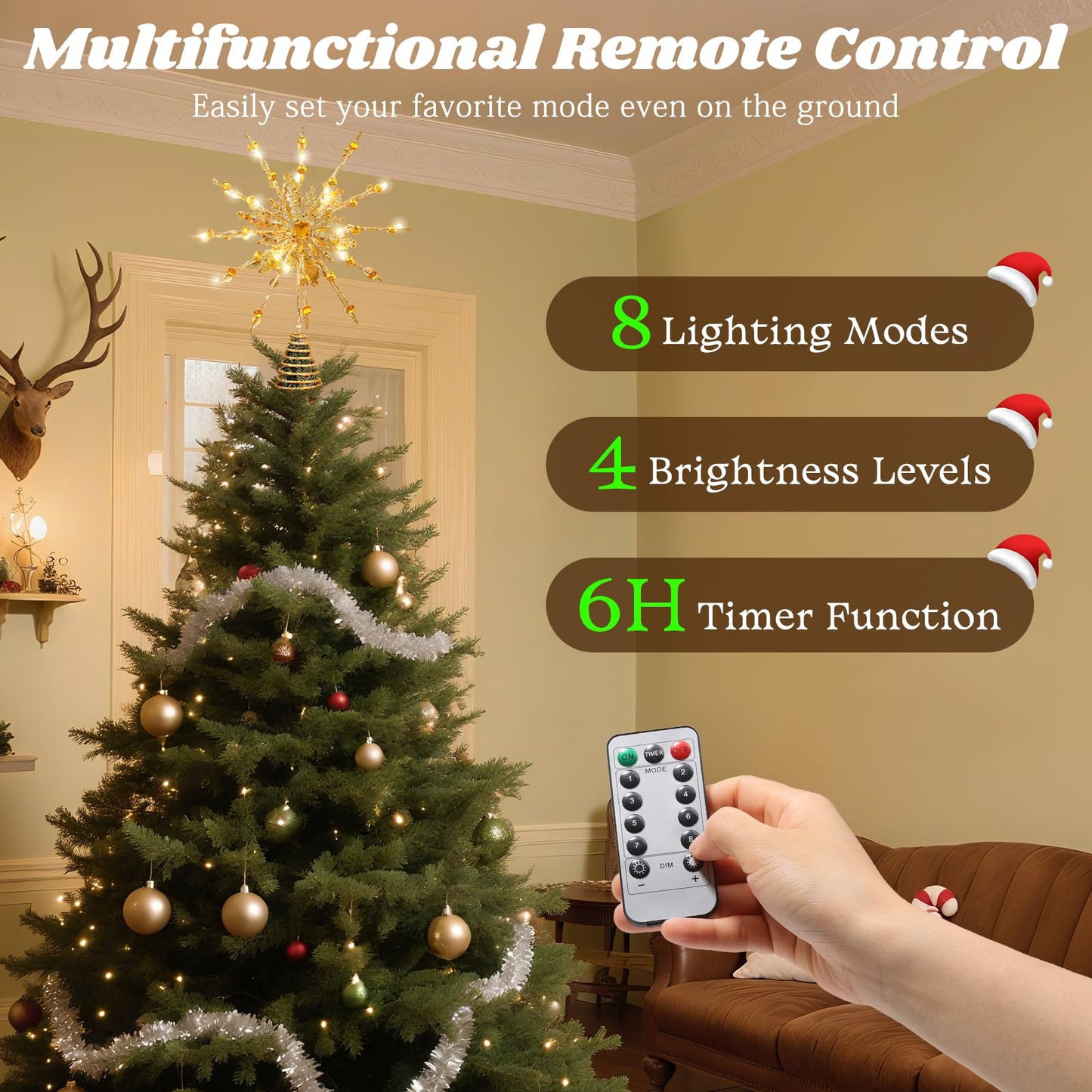 Lewondr Christmas Tree Topper, 12.2'' Metal Xmas Star Tree Topper with 20 LED Bulbs, USB Powered Glittered 12-Pointed Treetop for Christmas Ornaments, Remote Control, 6H Timer, 8 Light Modes, Gold