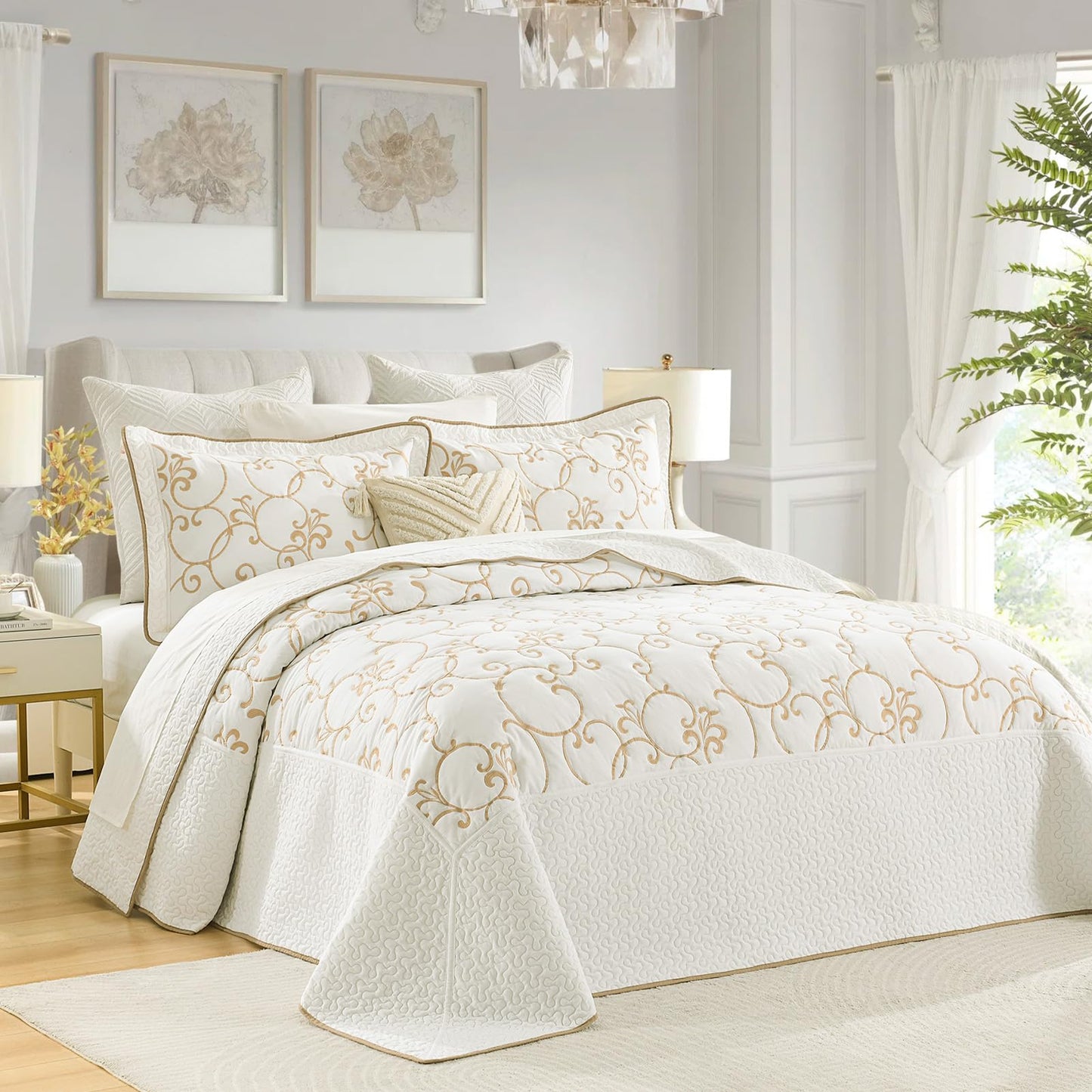 FineStichery 100% Cotton Oversized Bedspread Quilt Coverlet Set, 120"x120" Extra Large King Bedspreads with Pillow Shams, Lightweight Embroidered Bedding Cover 3 Piece, Beige/White