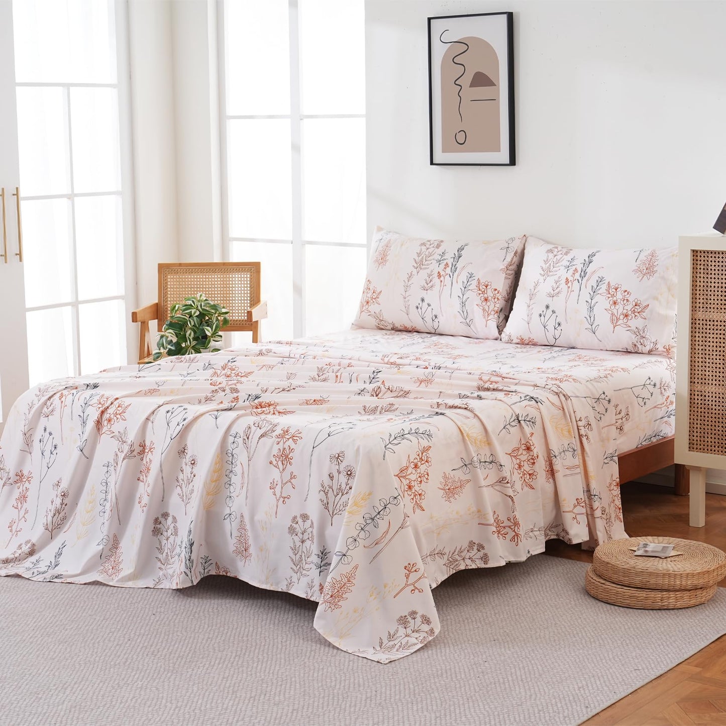Yibeizi Floral Sheet Set King, Boho Botanical Rustic Pattern Bed Sheets Beige Fall Bedding Sheets & Pillowcases Soft Microfiber 15" Extra Deep Pocket Fitted Bedsheet 4 Piece