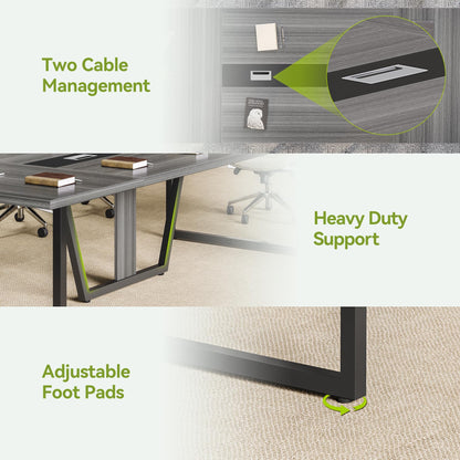 LITTLE TREE 8FT Conference Table for 10 People, Large Meeting Table, Modern Wooden Conference Room Tables with Cable Management, Business Style Training Tables with Strong Metal Legs for Office, Grey