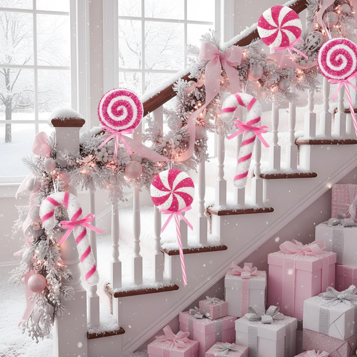 Threehoney 16 Pcs Candy Cane Christmas Decorations, Christmas Glitter Candy Cane Hanging Ornaments Xmas Swirl Windmill Lollipop Home Decor for New Year Xmas Indoor Home Supplies(Pink,Sweet)