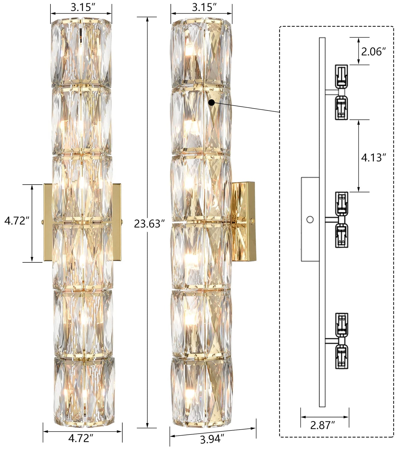 SAMTEEN 24-Inch Crystal Wall Sconce Gold Sconces Wall Lighting Mid-Century Modern 6-Light Luxury Brass Glass Wall Light Fixture for Bedroom Hallway Bathroom Vanity Light Fixtures