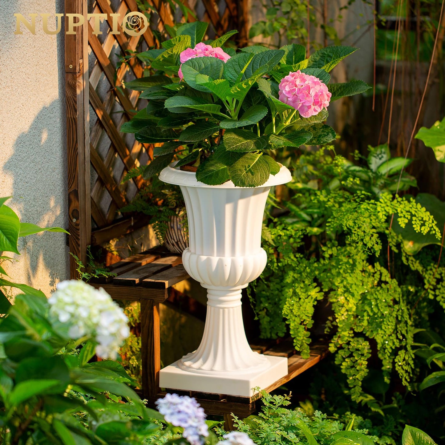 NUPTIO 2 Pcs Classic Urn Planter, 19.7 inch Tall Large Plastic Outdoor Urns Planters, Pedestal Flower vases Plant Pot, Resin Grecian Plants pots for Garden Porch Front Door, White