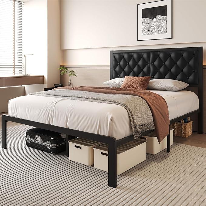 Fluest Queen Bed Frame with Headboard PU Leather Upholstered Bed Frame Platform