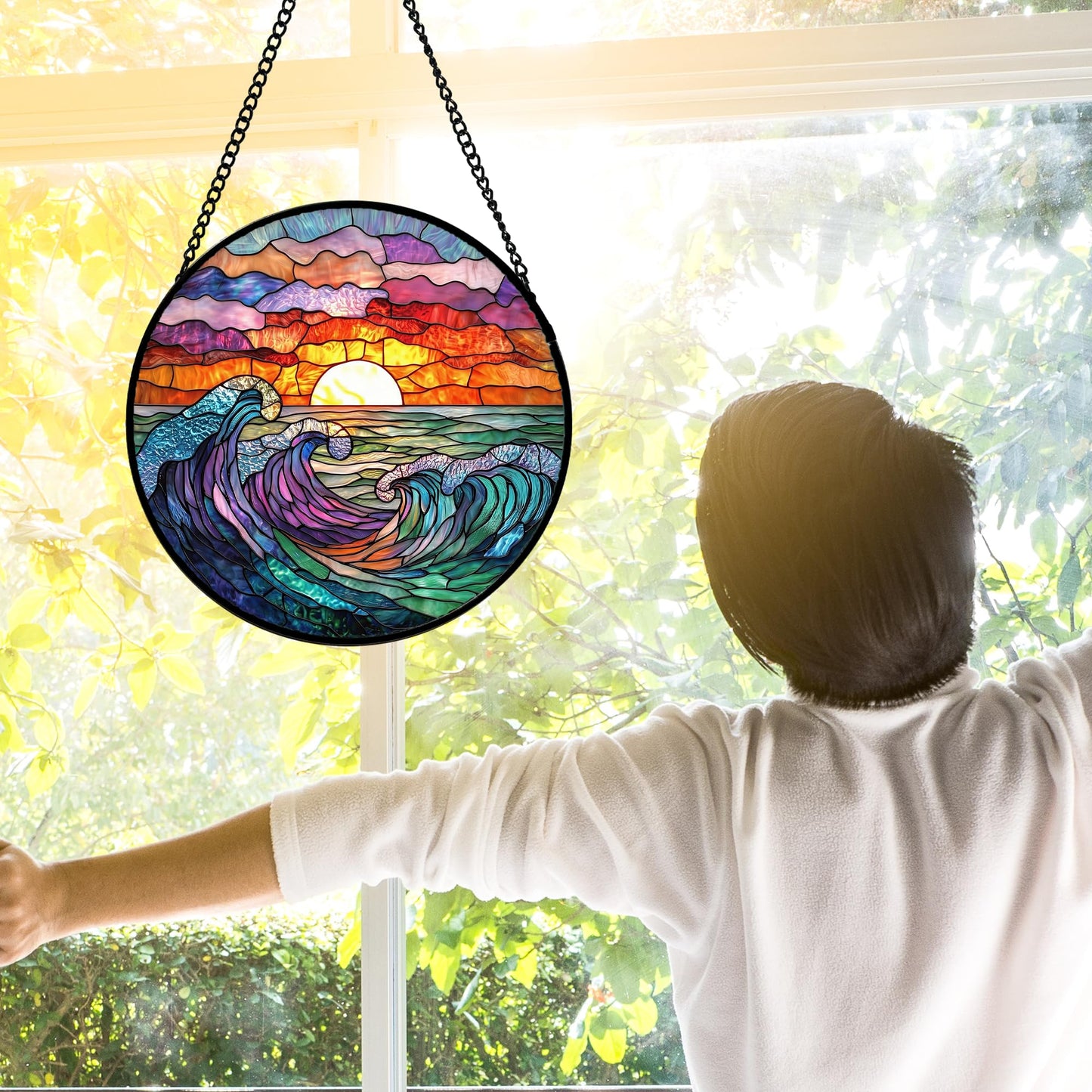 DASTOLL Stained Glass Window Hanging, Clouds and Sea Waves Suncatcher Diamond Glass Panel Hangings Scenery Sun Catchers Decor for Birthday for Women, Men, Wife, Aunt, and Mom 7.8 in