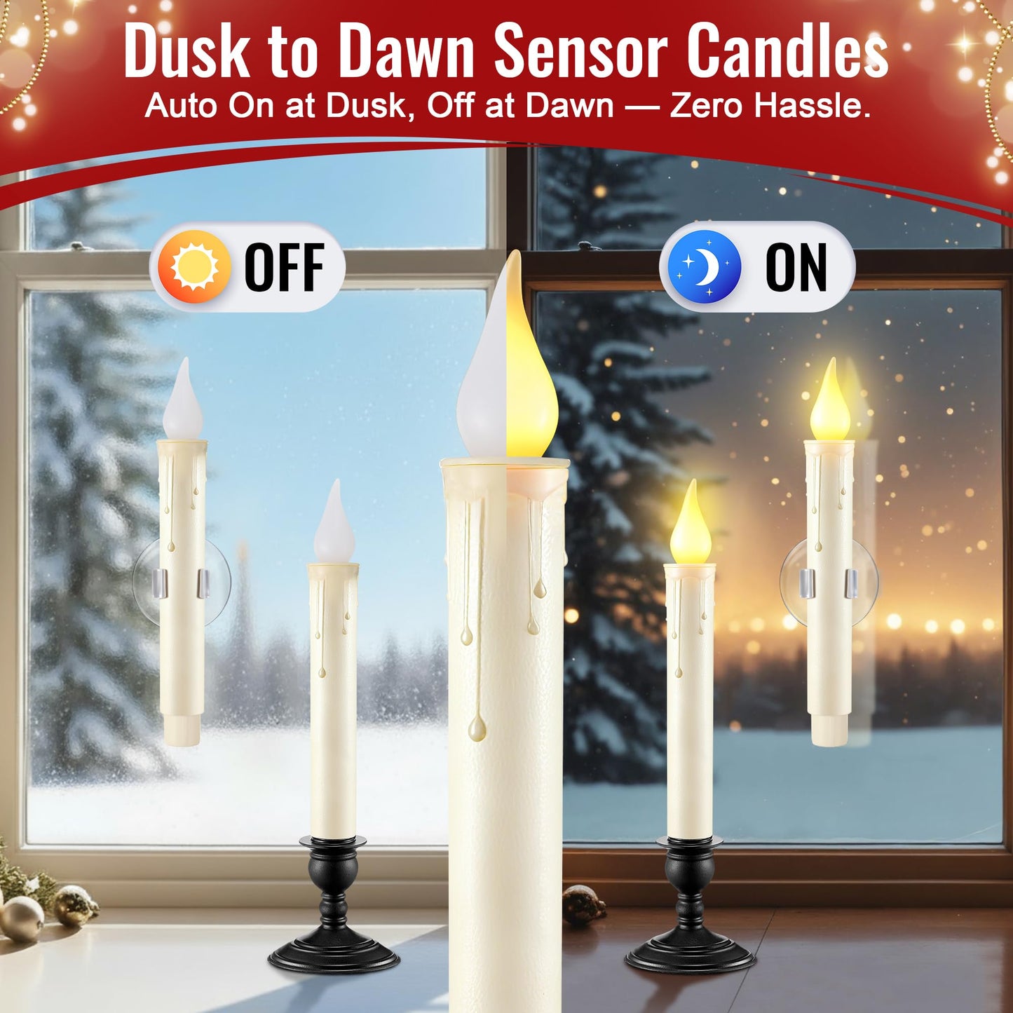 6 Pack Battery Operated Window Candles with Sensor Dusk to Dawn, Ivory Flameless Taper Candlesticks with Removable Black Base & Suction Cups, LED Candlestick for Christmas Decor Home, 12 AA Batteries