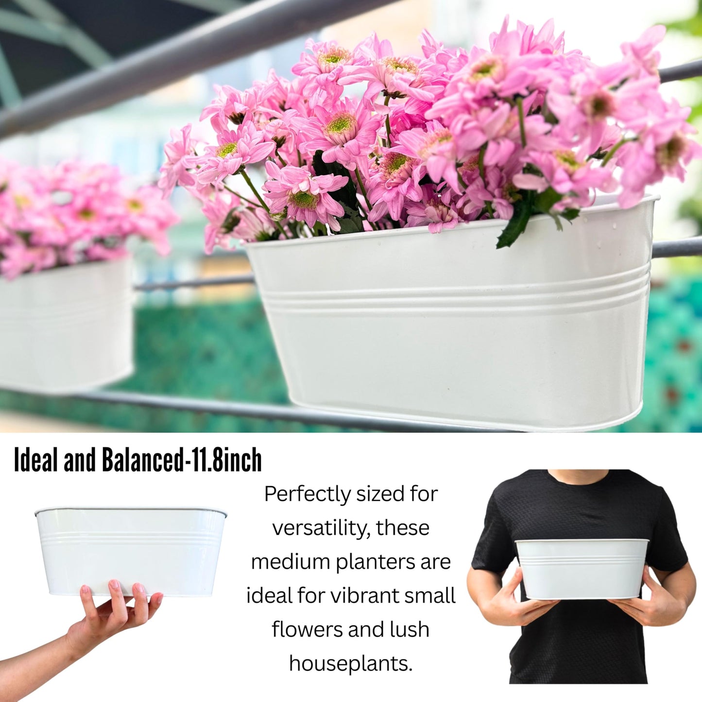 LaLaGreen Rail Planter Outdoor Plants (10 Pack, 11.8 Inch) White Metal Iron Hanging Flower Pots Deck Railings Fence Buckets Countryside Boho Style Wall Mount Window Box Plant Holder Hooks Porch Decor