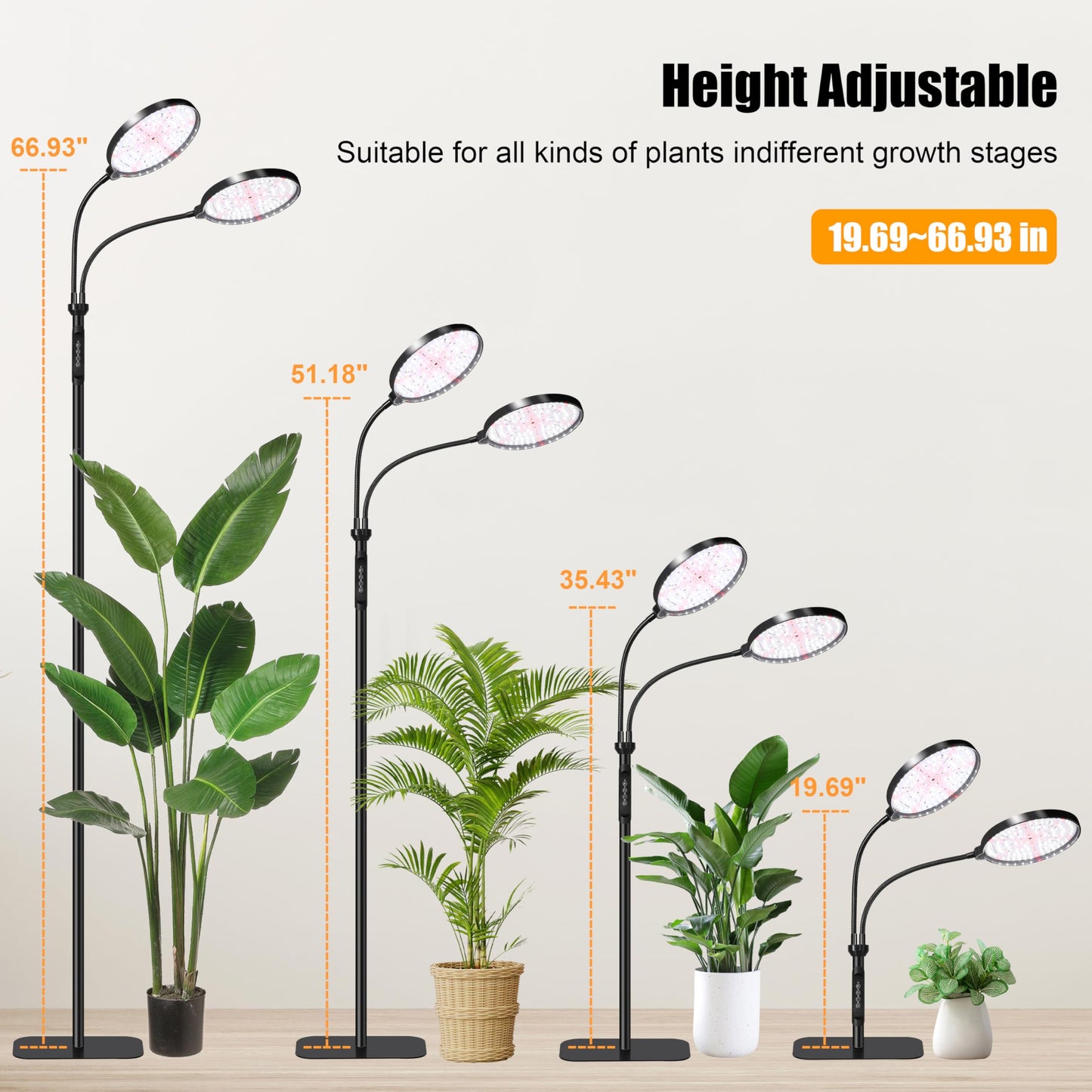 Plant Light for Indoor Plants, Red &White Light Full Spectrum Grow Lamp with Height Adjustable and Stand for Growing Large Tall Plants, Floor LED Grow Lamp with 4/8/12/18 Hour Timer &10 Dimming