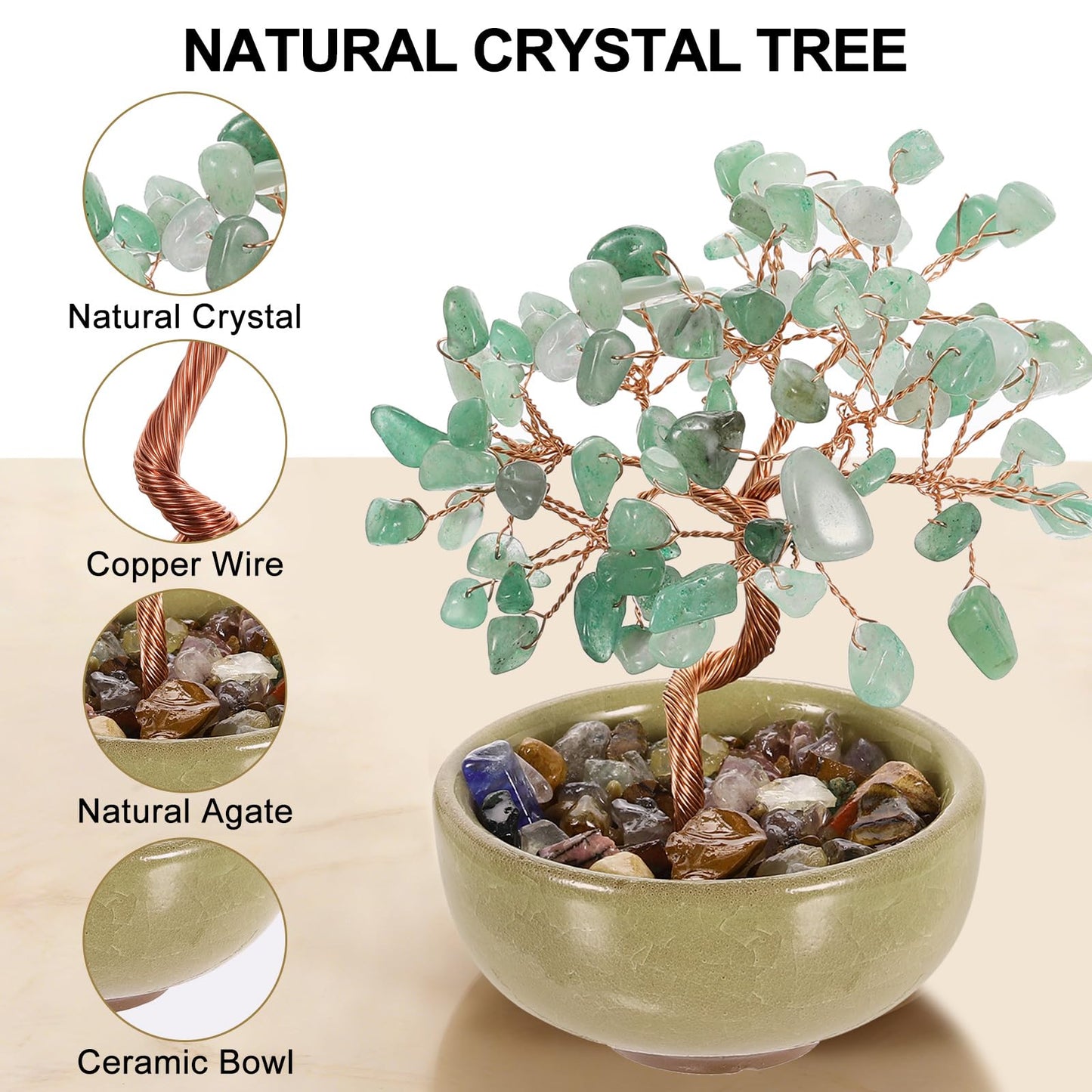 MECCANIXITY 7 Chakra Crystal Tree of Life, Natural Aventurine Gemstone Tree Handmade Feng Shui Bonsai with Agate Base for Positive Energy, Good Luck, Home Decor (4 x 2.4 Inch Green)