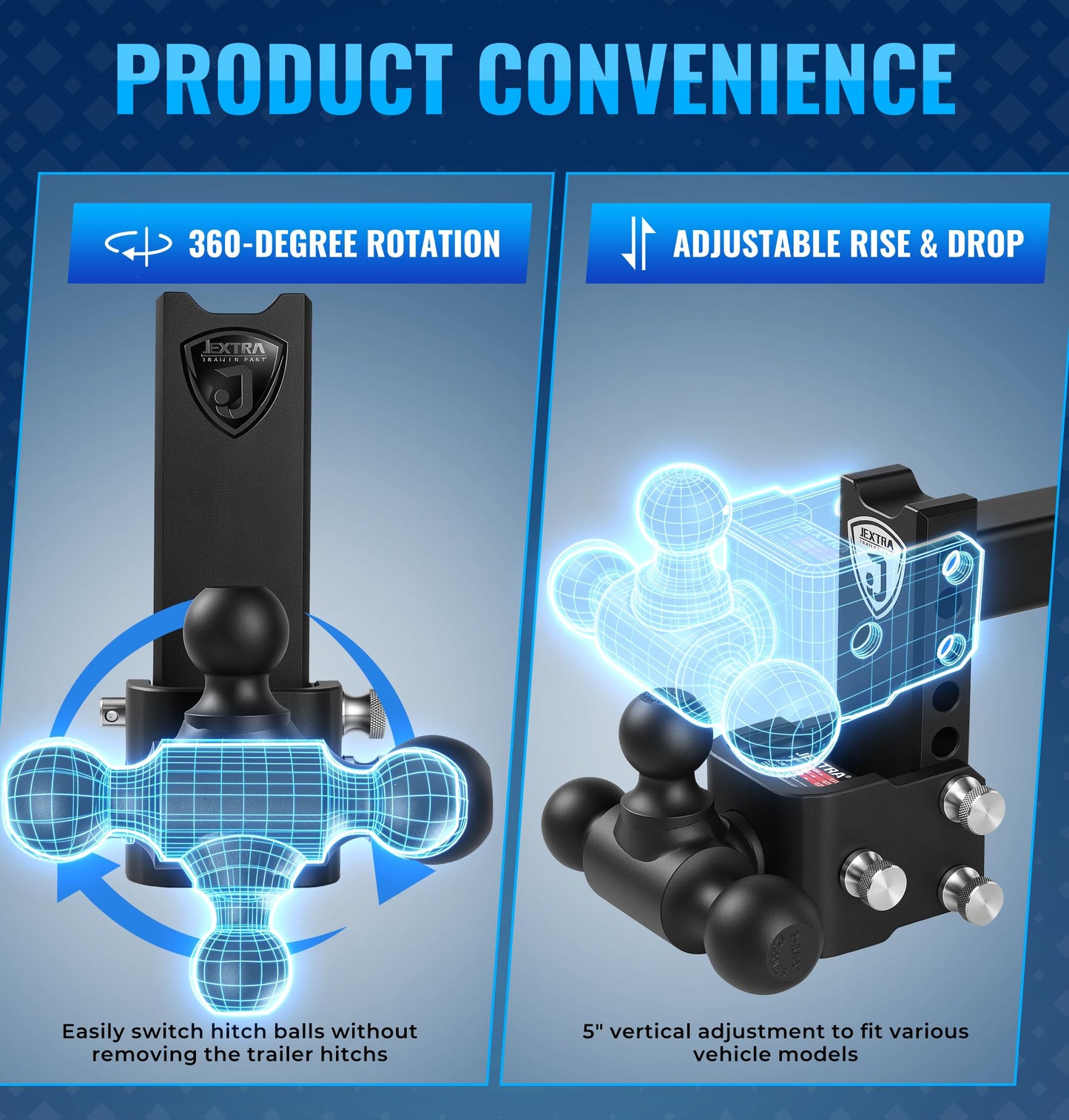 JEXTRA Adjustable Trailer Hitch Ball Mount, fits 2-1/2" Receiver Hitch, 5" Rise & Drop Hitch Tri-Ball (1-7/8" x 2" x 2-5/16"),12,500 LBS GTW Trailer Hitch with Double Anti-Theft Locking Pins Black