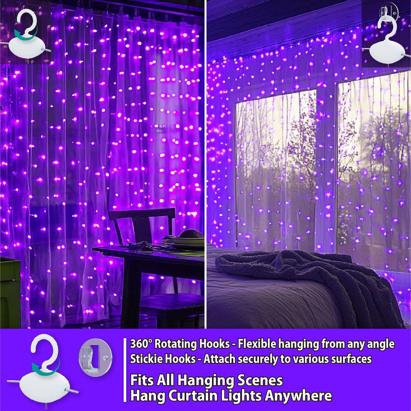 HXWEIYE 300LED Fairy Curtain Lights, 9.8x9.8Ft USB Plug-in 8 Modes Christmas String Hanging Lights with Remote for Bedroom Backdrop Wedding Indoor Wall Decor, Purple, Standard – 1 Pack