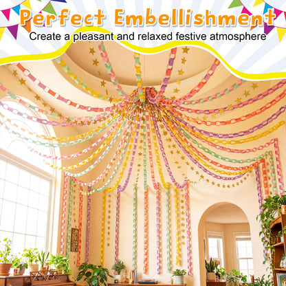 Maitys 500 Sheets Paper Chain Strips and Mirror Star Garland 13 Feet Paper Crafts Banner with Double Sided Tape for Crafting Birthday Wedding Festival Theme Party Decor (Groovy,0.79 x 8.27 Inches)