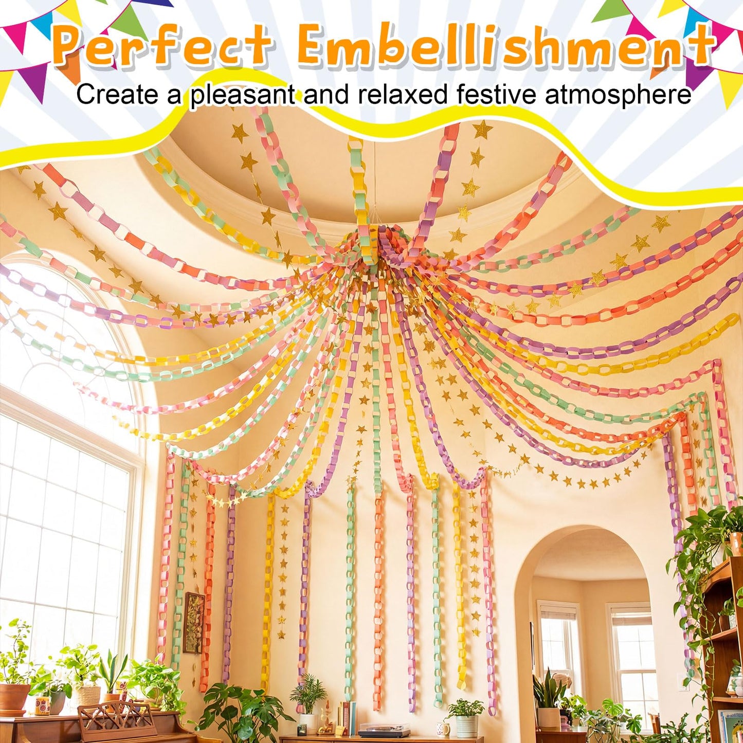 Maitys 500 Sheets Paper Chain Strips and Mirror Star Garland 13 Feet Paper Crafts Banner with Double Sided Tape for Crafting Birthday Wedding Festival Theme Party Decor (Groovy,0.79 x 8.27 Inches)