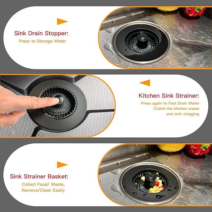 Kitchen Sink Drain Strainer 3 in 1, 304 Stainless Steel Pop Up Sink Stopper